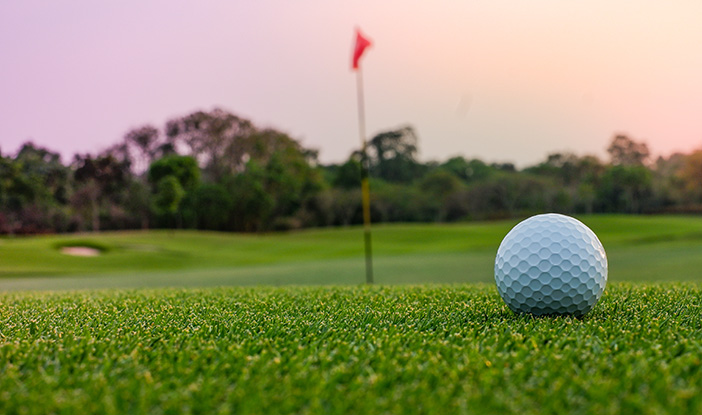 Golf ball with flag in background